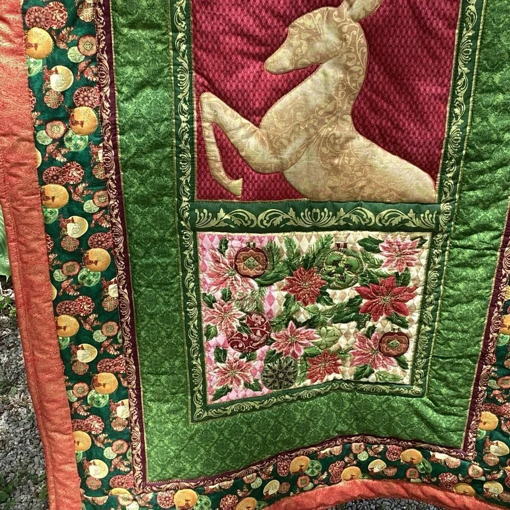 NWT. Hand Crafted Golden Reindeer Lap Quilt/Wall Hanging